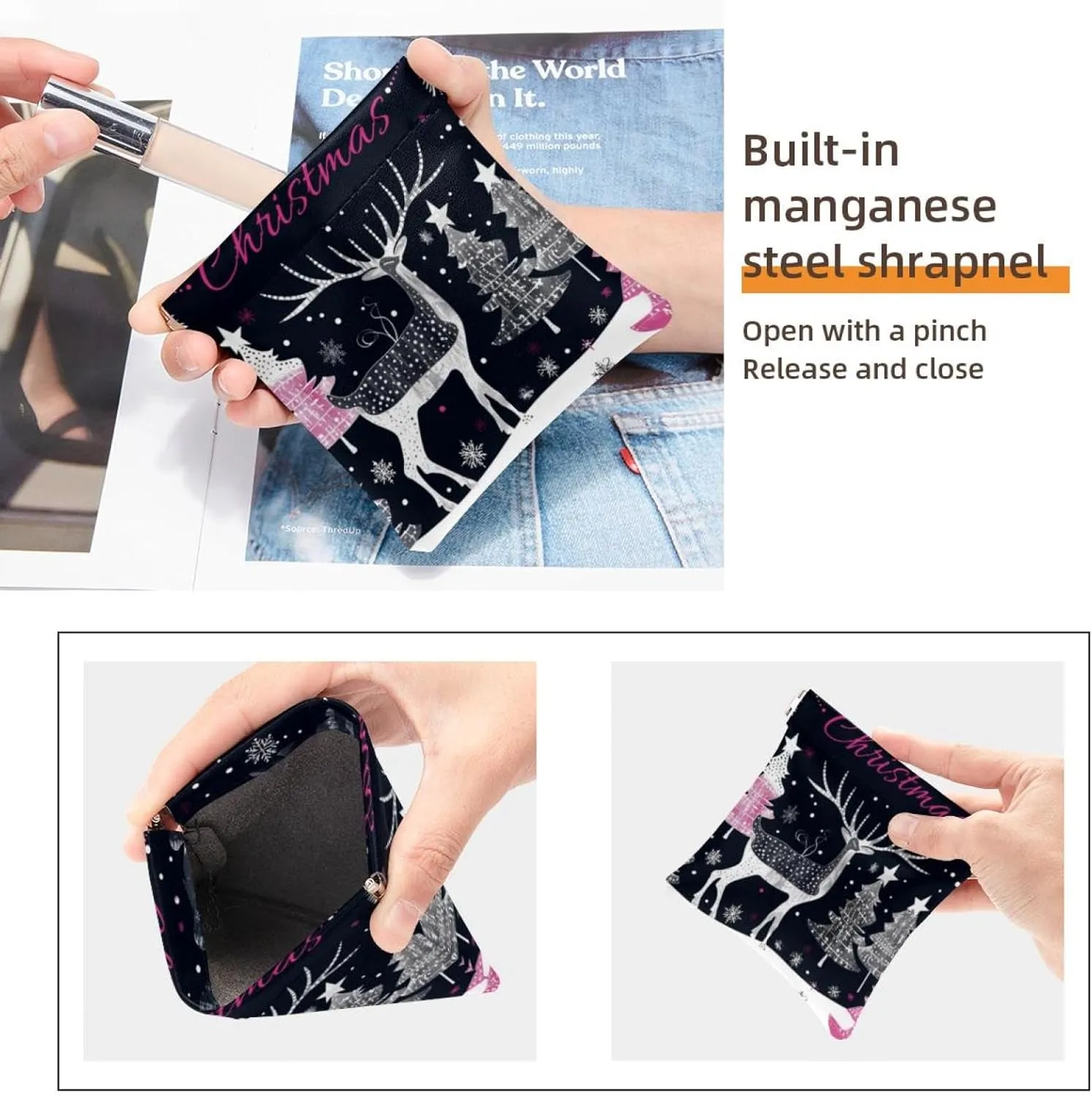 2 Piece Faux Leather Makeup Bag Set, Small Makeup Pouch for Purse, Portable Travel Makeup Bag for Women, Portable Squeeze Top Cosmetic Bag, Christmas Elk Tree Snowflake