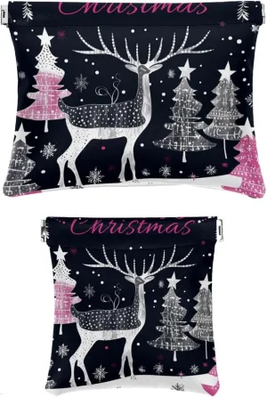 2 Piece Faux Leather Makeup Bag Set, Small Makeup Pouch for Purse, Portable Travel Makeup Bag for Women, Portable Squeeze Top Cosmetic Bag, Christmas Elk Tree Snowflake