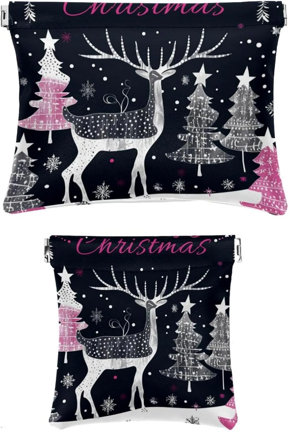 2 Piece Faux Leather Makeup Bag Set, Small Makeup Pouch for Purse, Portable Travel Makeup Bag for Women, Portable Squeeze Top Cosmetic Bag, Christmas Elk Tree Snowflake