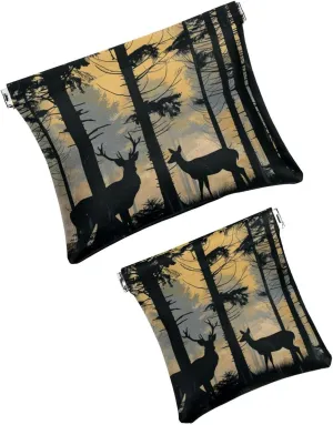 2 Piece Faux Leather Makeup Bag Set, Small Makeup Pouch, Self-Closing Makeup Pouch for Women, Mini Pocket Makeup Bag for Lipstick, Forest Elk Animal