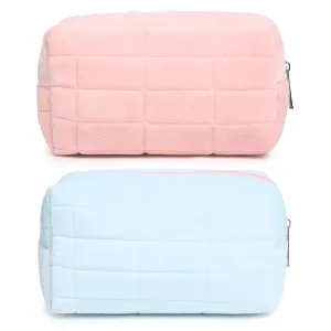 2 Pieces Makeup Bag Cute Cosmetic Bag Plush Pink Blue Checkered Makeup Pouch Coquette Travel Toiletry Bag Organizer Fluffy Makeup Brushes Puffy Storage Bag for Women