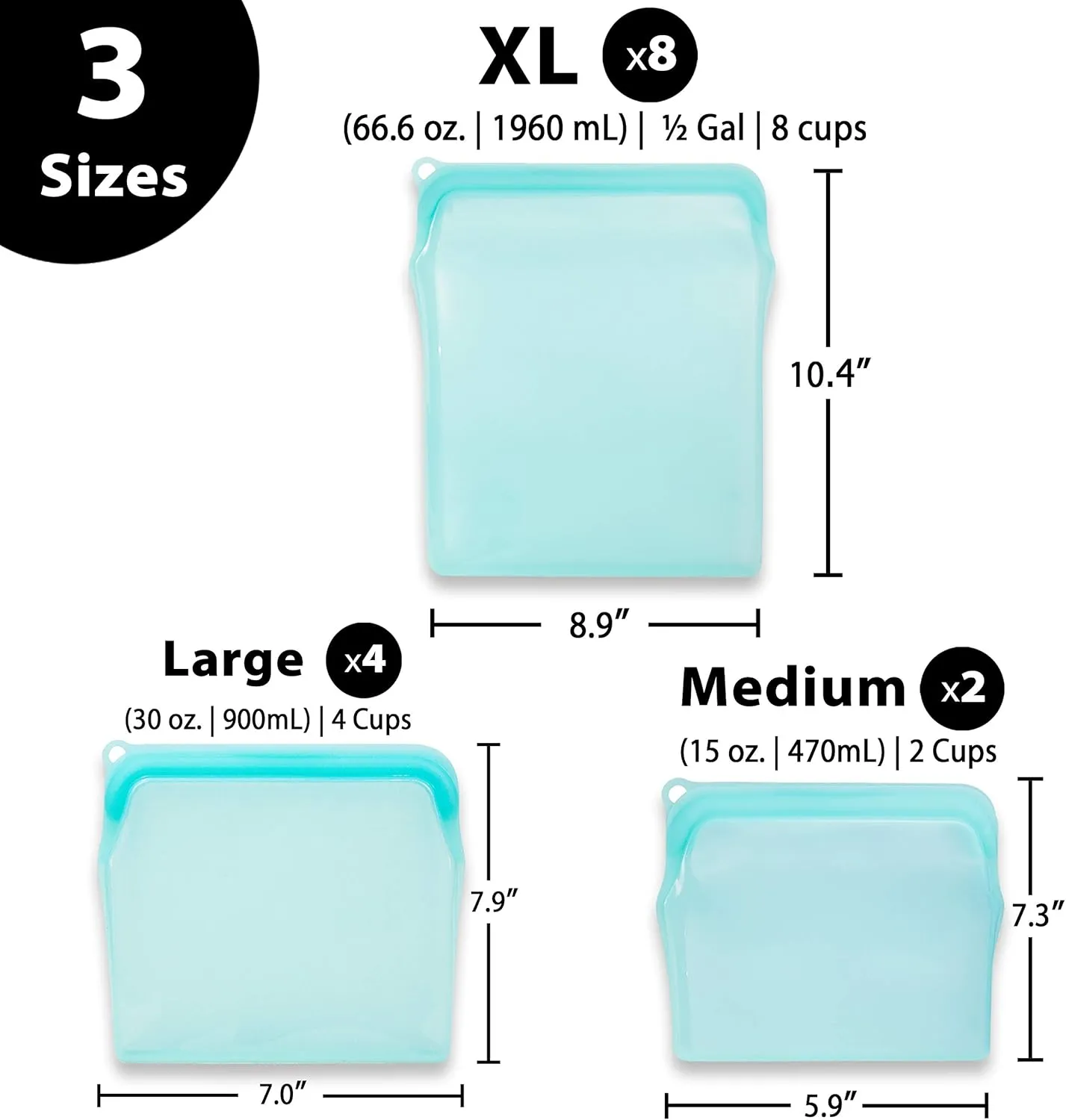 2-Two Cup 100% Food Grade, Reusable Silicone Freezer Bags for Microwave, Oven, Refrigerator, Sous Vide Cooking & Baking -Two 15 oz.Blue Bags