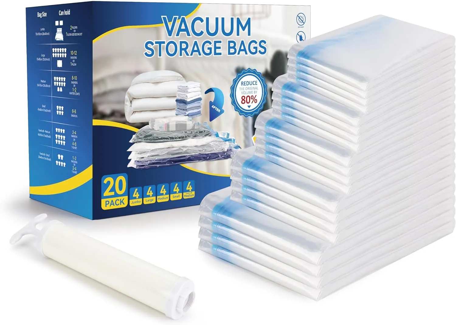 20 Pack Vacuum Seal Bags (4 Jumbo/4 Large/4 Medium/4 Small/4 Roll M), Vacuum Storage Bags with Hand Pump, Space Saver Bags for Comforters, Blankets, Bedding, Pillows, Clothes