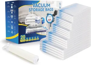 20 Pack Vacuum Seal Bags (4 Jumbo/4 Large/4 Medium/4 Small/4 Roll M), Vacuum Storage Bags with Hand Pump, Space Saver Bags for Comforters, Blankets, Bedding, Pillows, Clothes