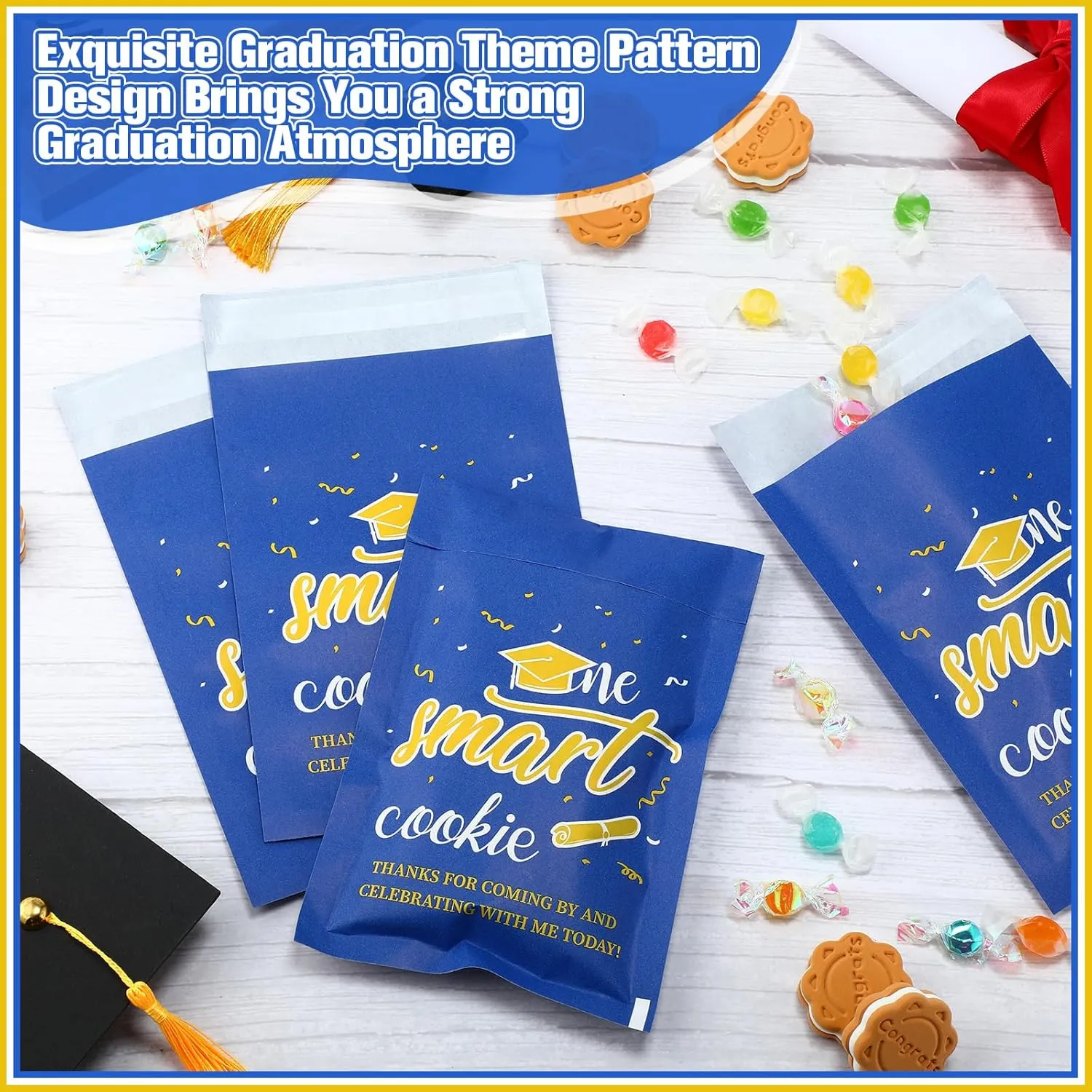 200 Pcs One Smart Graduation Cookie Gift Bags Self Adhesive Congrats Grad Kraft Paper Buffet Candy Treat Bags for Graduation Party Favors 2025(Blue)