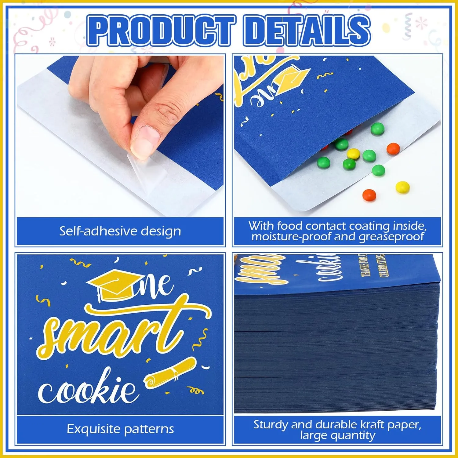 200 Pcs One Smart Graduation Cookie Gift Bags Self Adhesive Congrats Grad Kraft Paper Buffet Candy Treat Bags for Graduation Party Favors 2025(Blue)