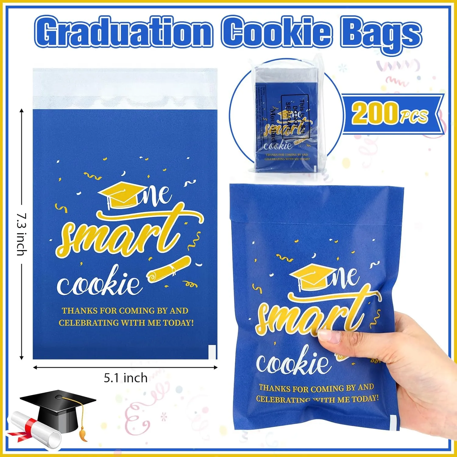 200 Pcs One Smart Graduation Cookie Gift Bags Self Adhesive Congrats Grad Kraft Paper Buffet Candy Treat Bags for Graduation Party Favors 2025(Blue)