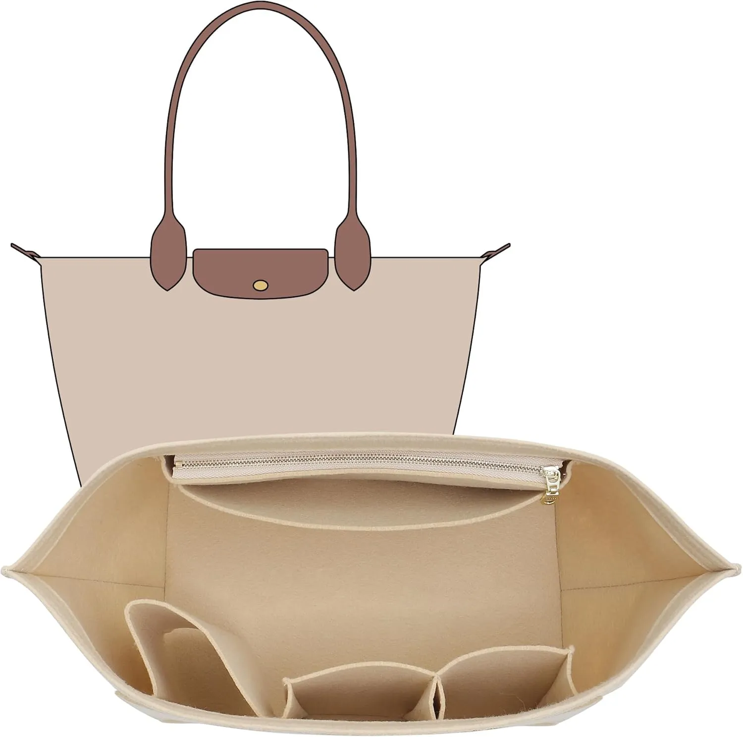 2025 Purse Organizer Insert Compatible with Longchamp Le Pliage Large and More, Felt Zipper Long Champ Bag Organizer Insert with Cup Holder, 8 Compartments (Beige,L)