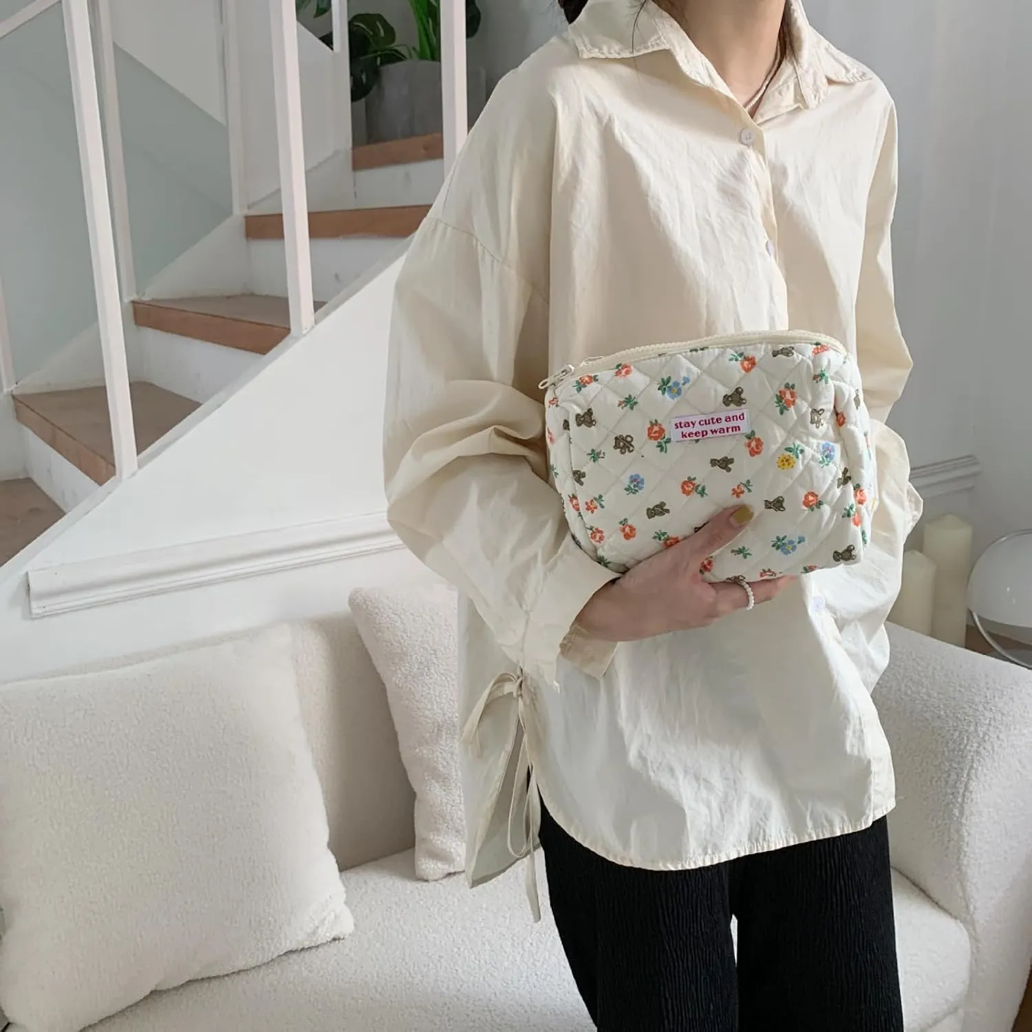 2/3 Pcs Cute Cotton Quilted Makeup Bag Large Travel Cosmetic Pouch Floral Toiletry Bag for Women Girls (Bear-3pcs)
