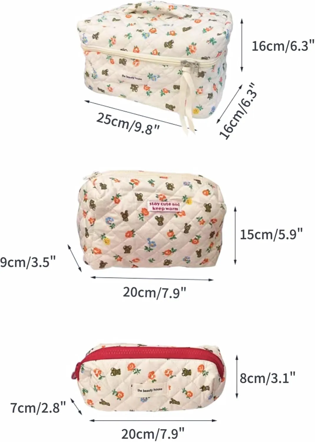 2/3 Pcs Cute Cotton Quilted Makeup Bag Large Travel Cosmetic Pouch Floral Toiletry Bag for Women Girls (Bear-3pcs)
