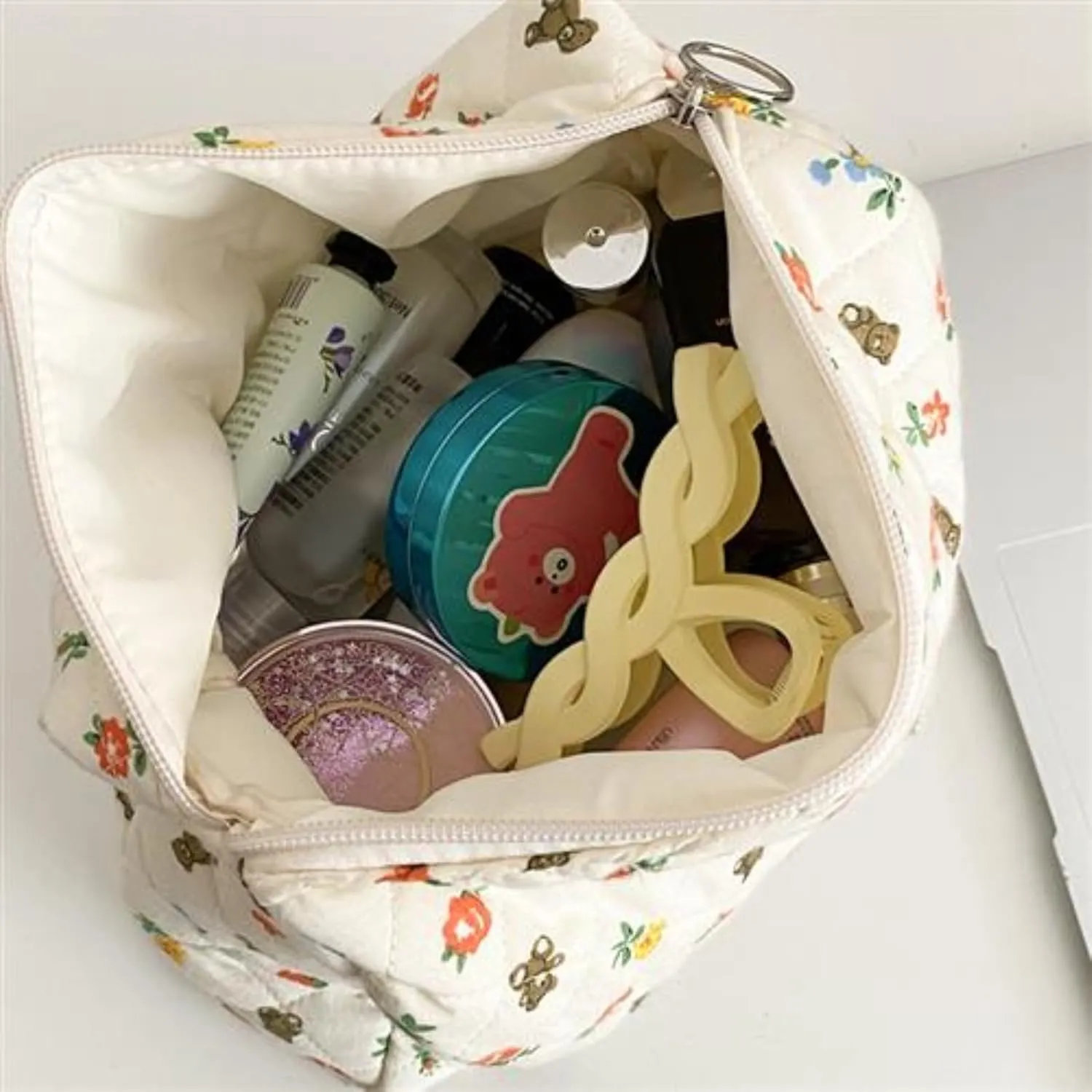 2/3 Pcs Cute Cotton Quilted Makeup Bag Large Travel Cosmetic Pouch Floral Toiletry Bag for Women Girls (Bear-3pcs)