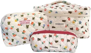 2/3 Pcs Cute Cotton Quilted Makeup Bag Large Travel Cosmetic Pouch Floral Toiletry Bag for Women Girls (Bear-3pcs)