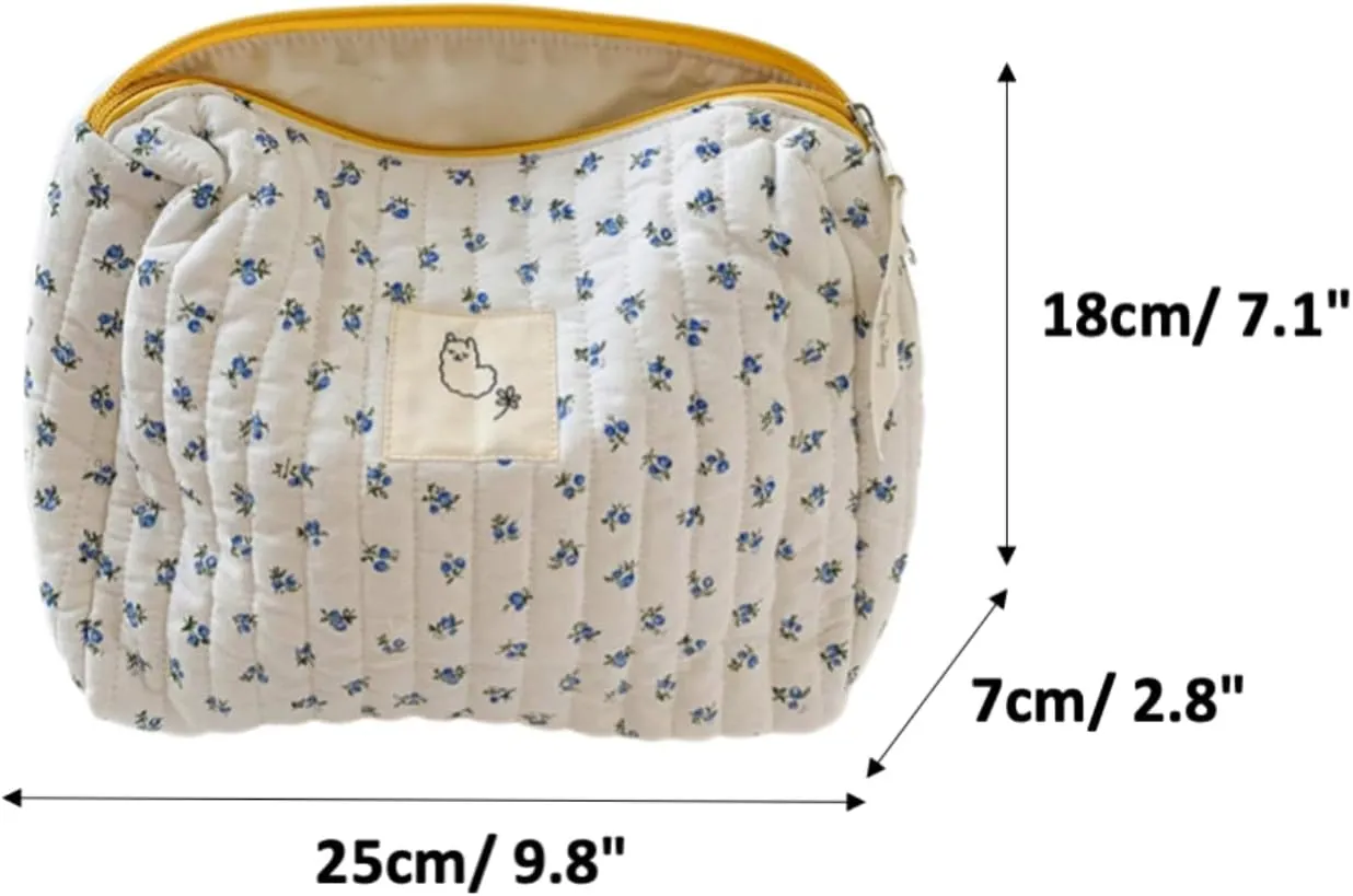 2/3 Pcs Cute Cotton Quilted Makeup Bag Large Travel Cosmetic Pouch Floral Toiletry Bag for Women Girls (Flower-2pcs)