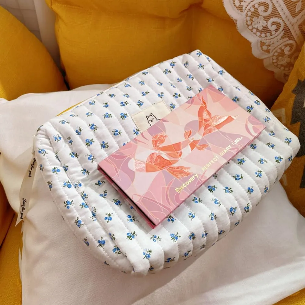 2/3 Pcs Cute Cotton Quilted Makeup Bag Large Travel Cosmetic Pouch Floral Toiletry Bag for Women Girls (Flower-2pcs)