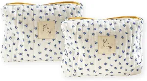 2/3 Pcs Cute Cotton Quilted Makeup Bag Large Travel Cosmetic Pouch Floral Toiletry Bag for Women Girls (Flower-2pcs)