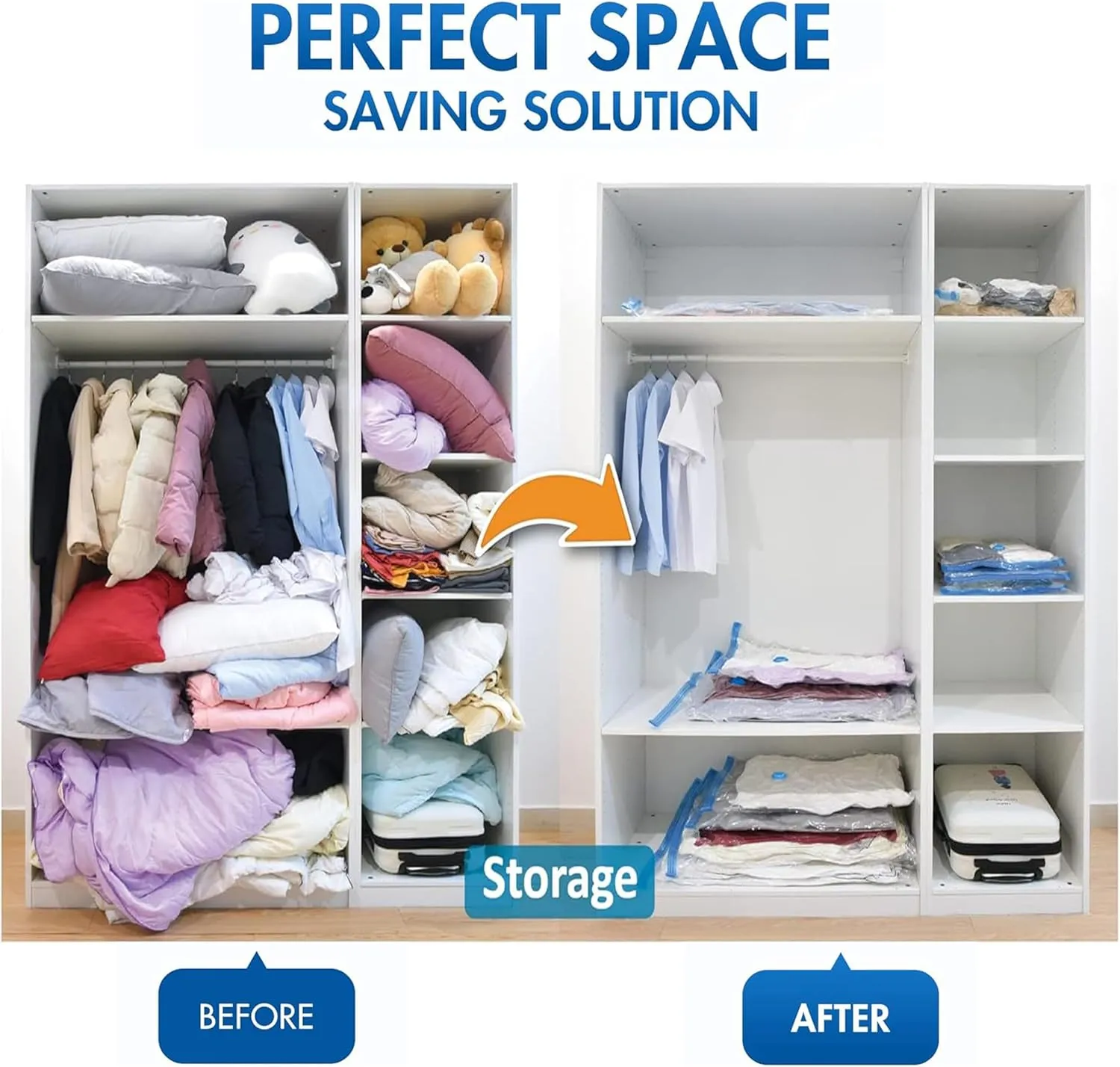 25 Combo Vacuum Seal Bags (5 Jumbo/5 Large/5 Medium/5 Small/5 Roll M) with Hand Pump, Vacuum Storage Bags, Space Saver Bags for Comforters, Blankets, Bedding, Pillows, Clothes