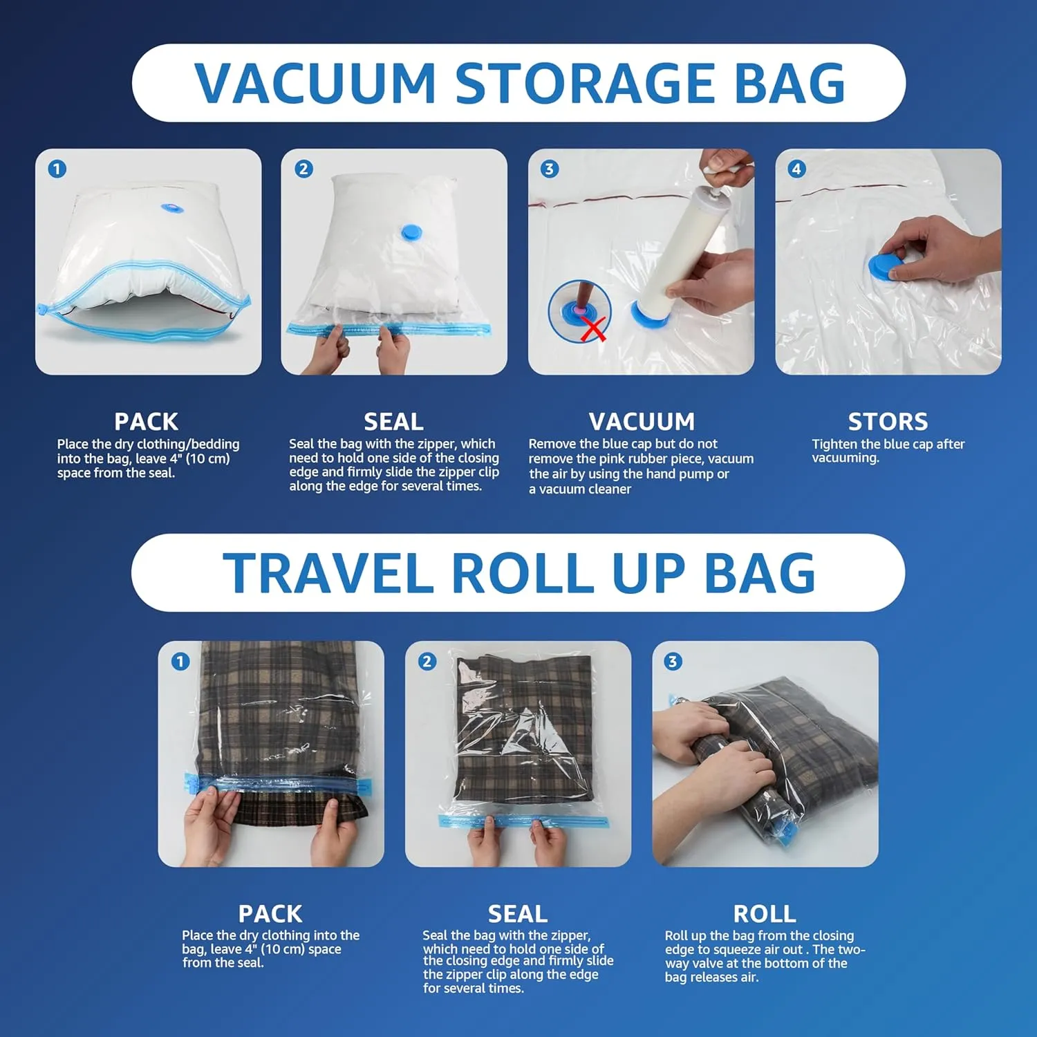 25 Combo Vacuum Seal Bags (5 Jumbo/5 Large/5 Medium/5 Small/5 Roll M) with Hand Pump, Vacuum Storage Bags, Space Saver Bags for Comforters, Blankets, Bedding, Pillows, Clothes