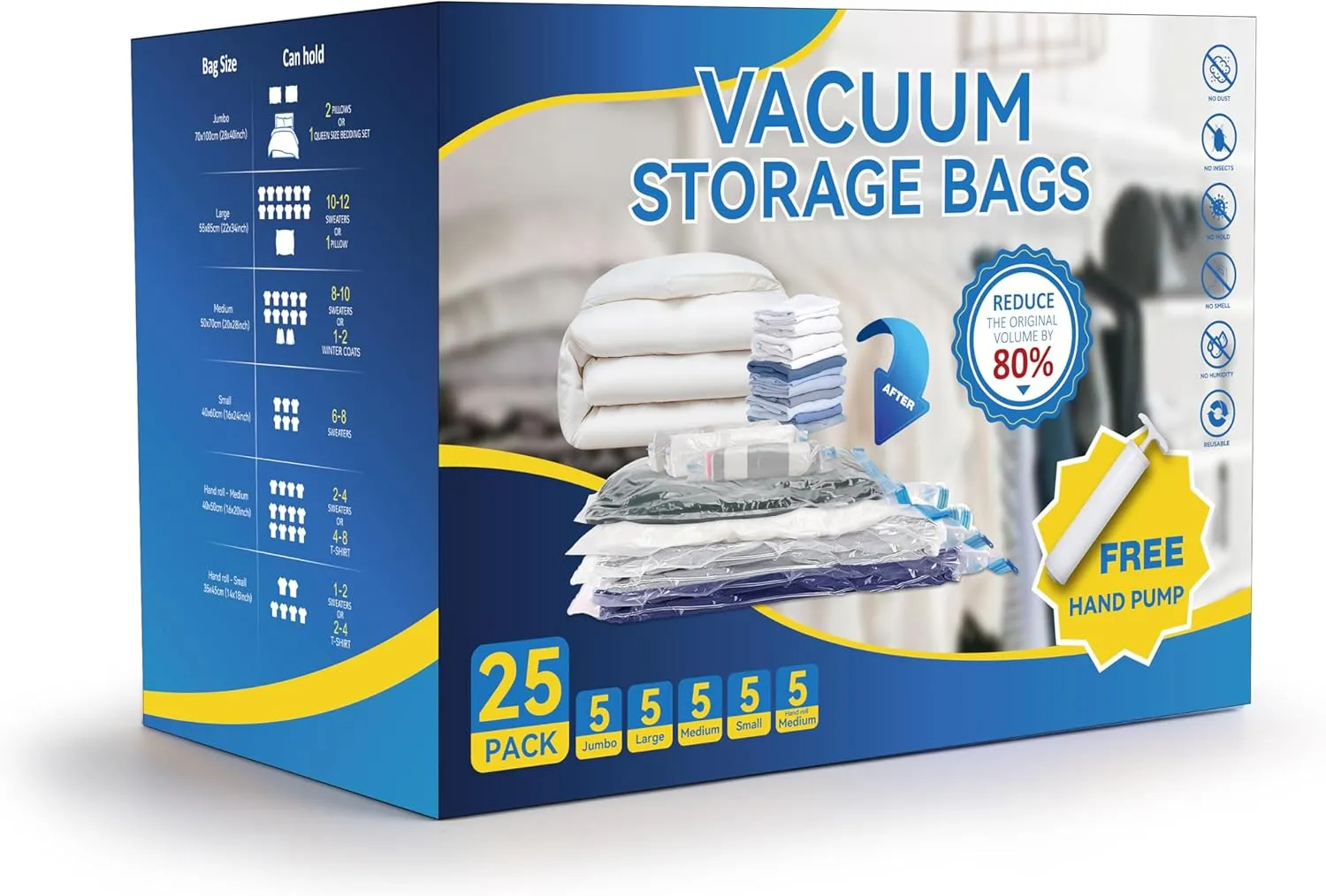 25 Combo Vacuum Seal Bags (5 Jumbo/5 Large/5 Medium/5 Small/5 Roll M) with Hand Pump, Vacuum Storage Bags, Space Saver Bags for Comforters, Blankets, Bedding, Pillows, Clothes