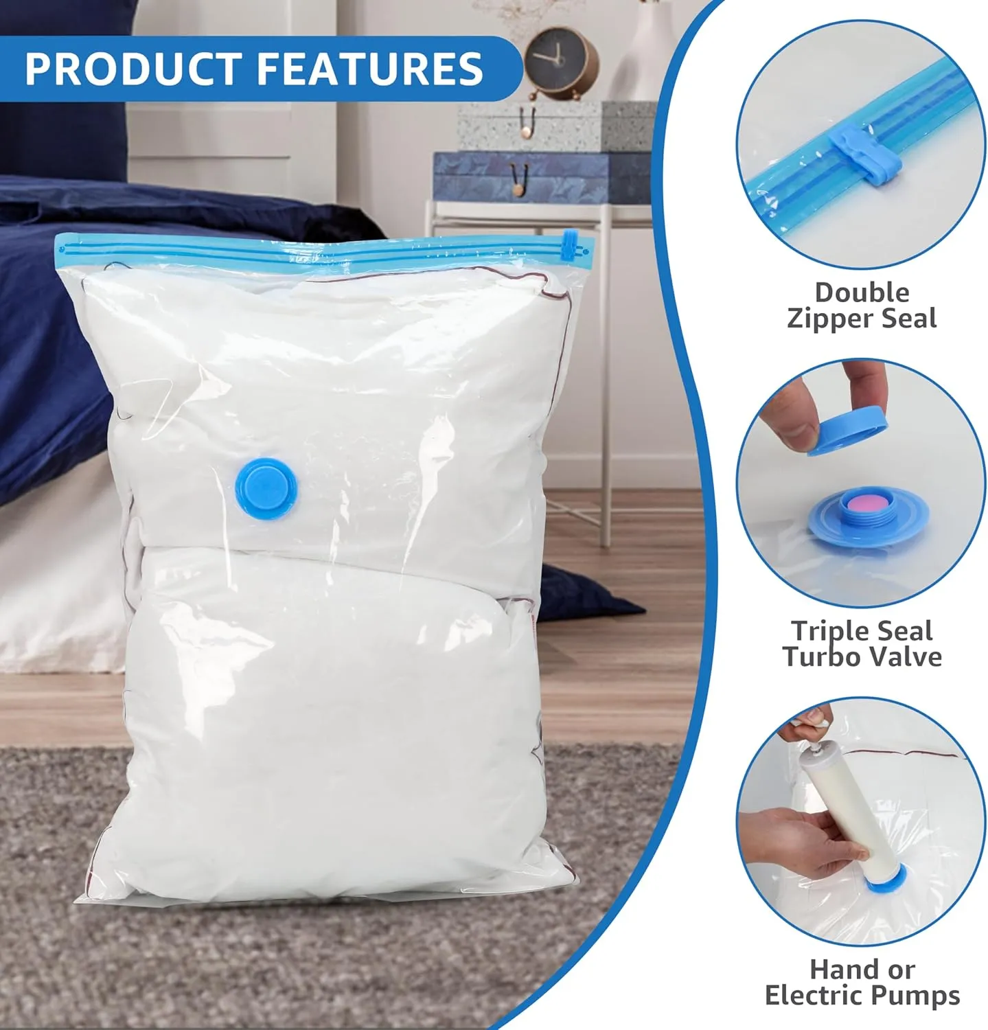 25 Combo Vacuum Seal Bags (5 Jumbo/5 Large/5 Medium/5 Small/5 Roll M) with Hand Pump, Vacuum Storage Bags, Space Saver Bags for Comforters, Blankets, Bedding, Pillows, Clothes