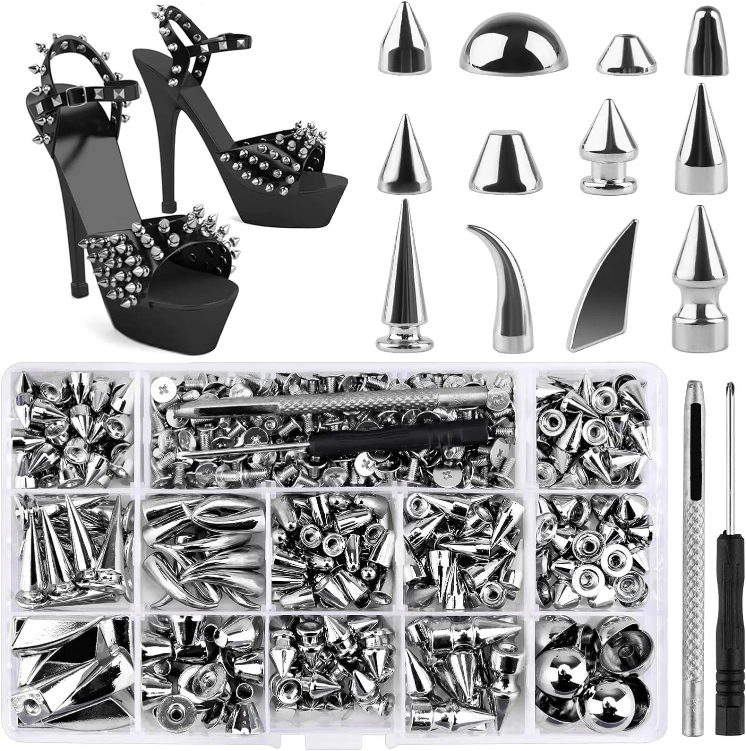 270 Sets Spikes and Studs, Kalolary Mixed Shape Punk Spike Rivets Silvery Metallic Cone Screw Back Studs with Install Tools for Leather Craft Clothing Shoes Belts Bags Dog Collars