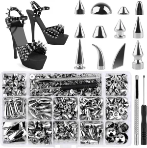 270 Sets Spikes and Studs, Kalolary Mixed Shape Punk Spike Rivets Silvery Metallic Cone Screw Back Studs with Install Tools for Leather Craft Clothing Shoes Belts Bags Dog Collars