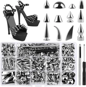 270 Sets Spikes and Studs, Kalolary Mixed Shape Punk Spike Rivets Silvery Metallic Cone Screw Back Studs with Install Tools for Leather Craft Clothing Shoes Belts Bags Dog Collars