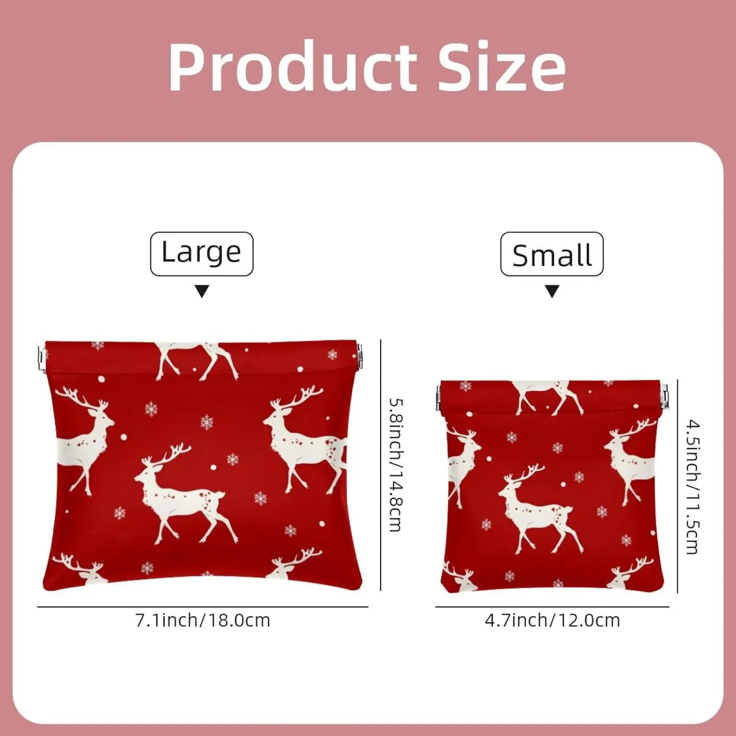 2Pcs Faux Leather Pocket Box, Small Makeup Pouch for Purse, Self-Closing Makeup Pouch for Women, Mini Travel Storage for Cosmetics, Christmas Elk Snowflake Red