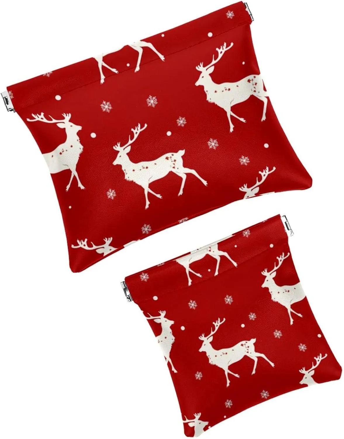 2Pcs Faux Leather Pocket Box, Small Makeup Pouch for Purse, Self-Closing Makeup Pouch for Women, Mini Travel Storage for Cosmetics, Christmas Elk Snowflake Red