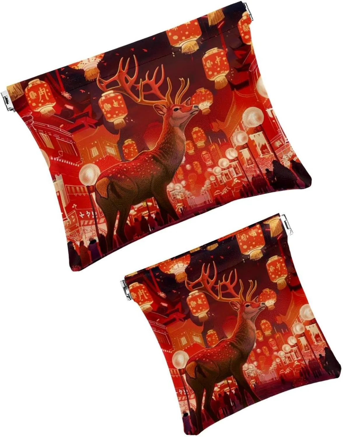 2Pcs Faux Leather Pocket Cosmetic Bag, Small Makeup Pouch for Purse, Self-Closing Pouches for Purse, Travel Makeup Bag for Cosmetics Jewelry, Christmas Elk New Year