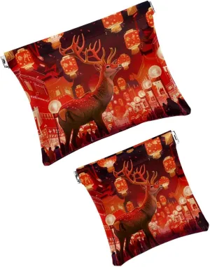 2Pcs Faux Leather Pocket Cosmetic Bag, Small Makeup Pouch for Purse, Self-Closing Pouches for Purse, Travel Makeup Bag for Cosmetics Jewelry, Christmas Elk New Year