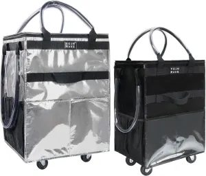 2PCS (Medium-Silver,Small-Black) Reusable Grocery Bag On Wheels, Shopping Trolley, Rolling Bag