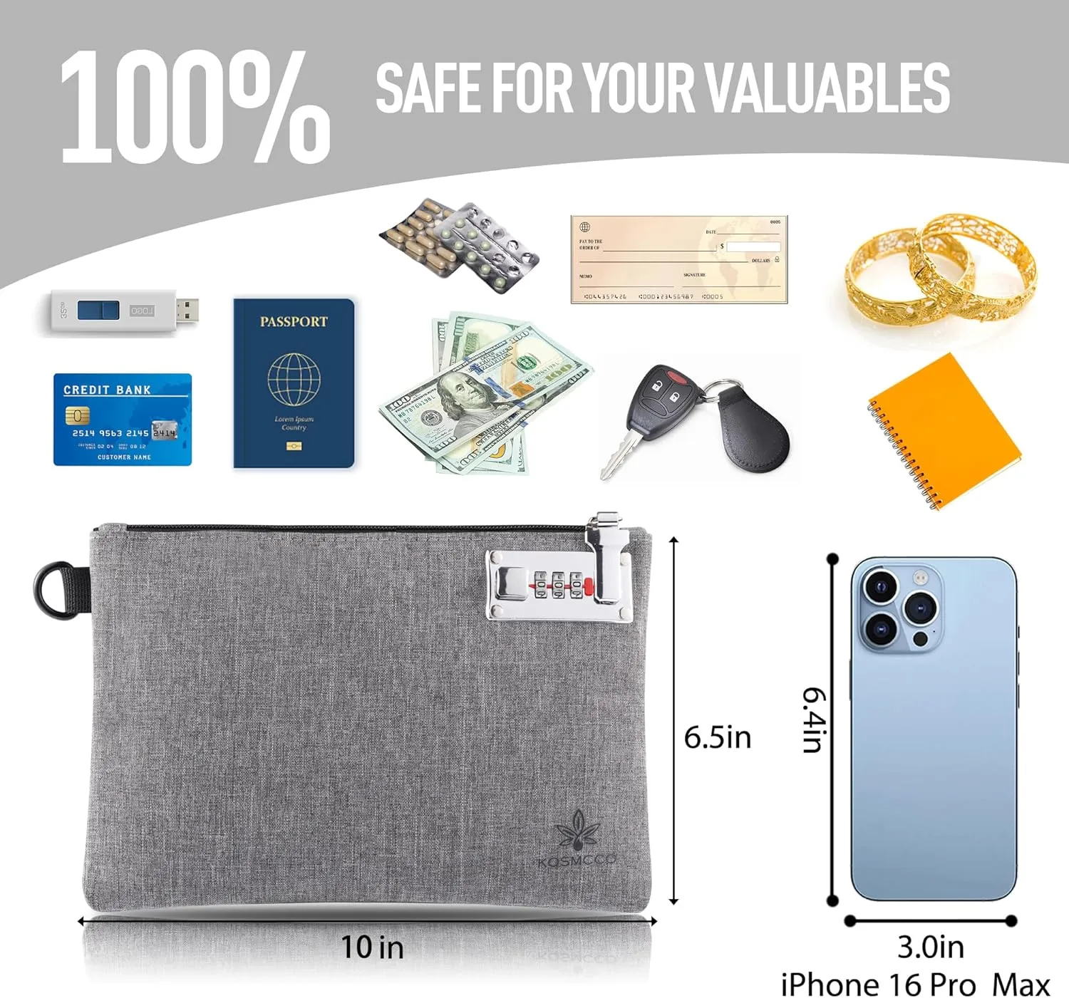 2Pcs Money Bag with Lock - 6.5x10 Inches Locking Bag Purse for Cash, Bank Deposits, Jewelry, Passports,Wallet, Medicine, Phone and Credit Cards and Valuable Storage (Black & Grey)