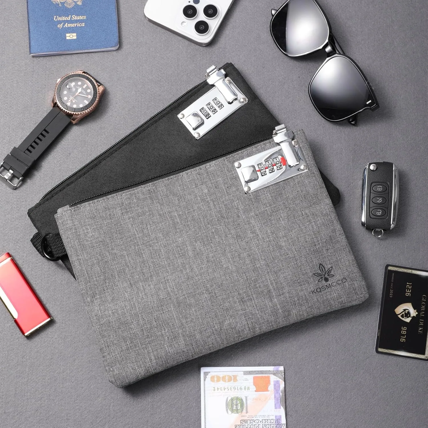 2Pcs Money Bag with Lock - 6.5x10 Inches Locking Bag Purse for Cash, Bank Deposits, Jewelry, Passports,Wallet, Medicine, Phone and Credit Cards and Valuable Storage (Black & Grey)