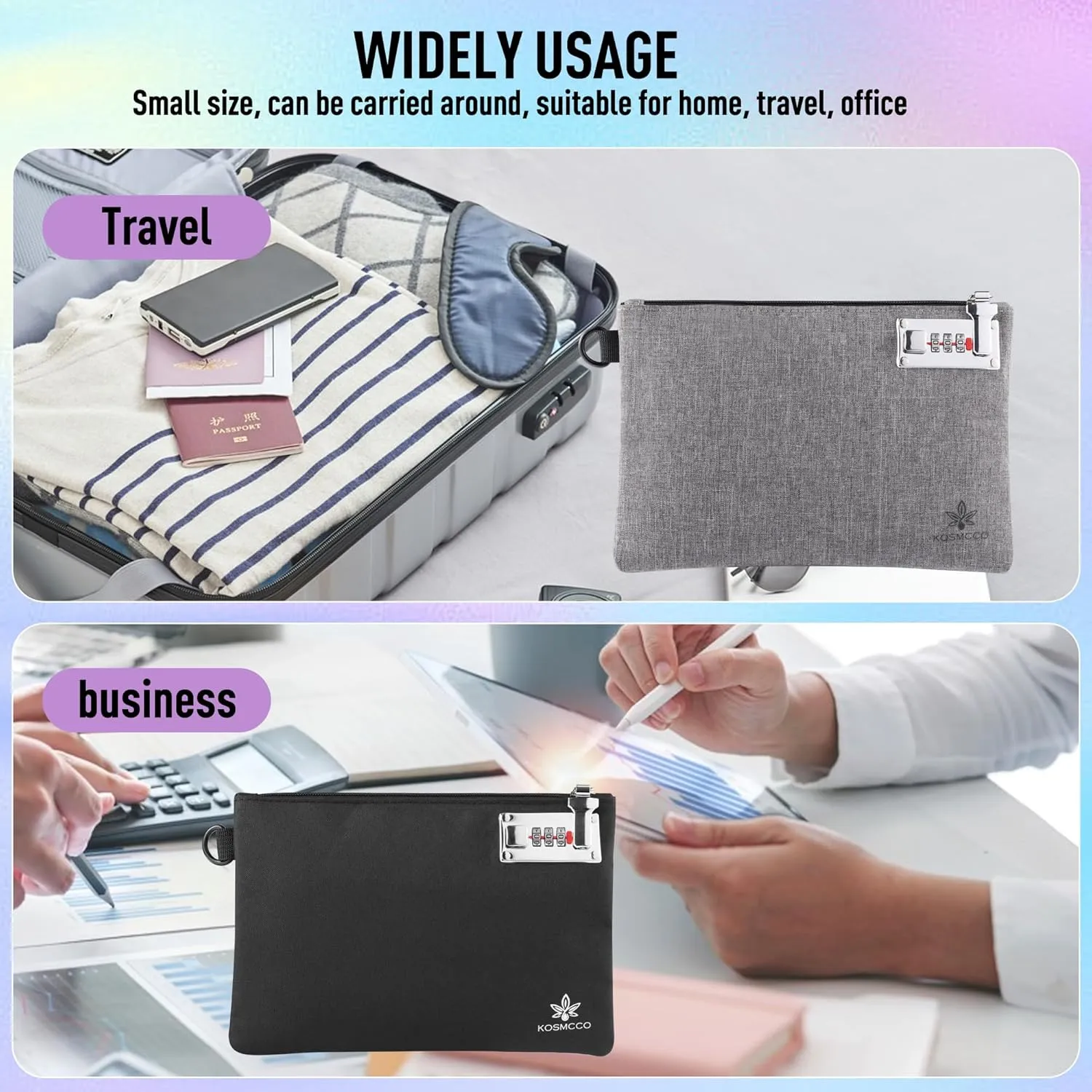 2Pcs Money Bag with Lock - 6.5x10 Inches Locking Bag Purse for Cash, Bank Deposits, Jewelry, Passports,Wallet, Medicine, Phone and Credit Cards and Valuable Storage (Black & Grey)
