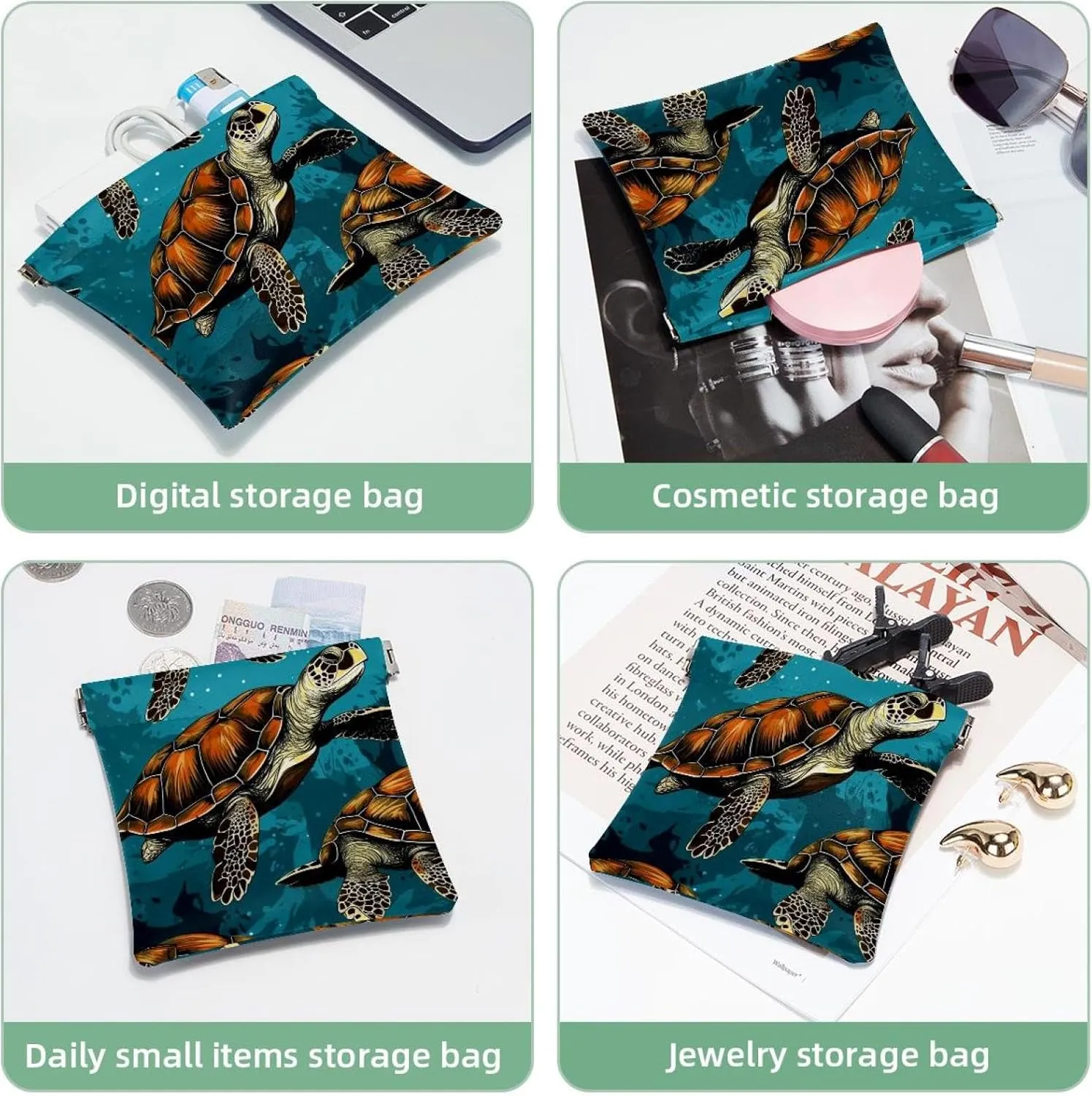 2Pcs Shrapnel Pouch for Purse, Crowds of Sea Turtles-361 Waterproof Makeup Bag, Portable Pouch for Women Gifts
