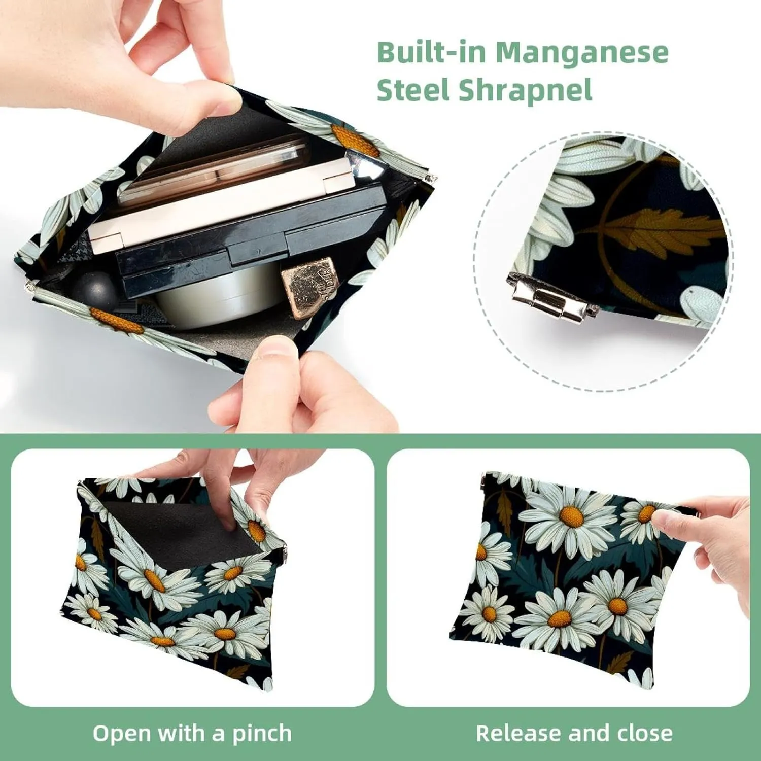 2Pcs Shrapnel Pouch for Purse, White Art Daisy-361 Waterproof Makeup Bag, Portable Pouch for Women Gifts