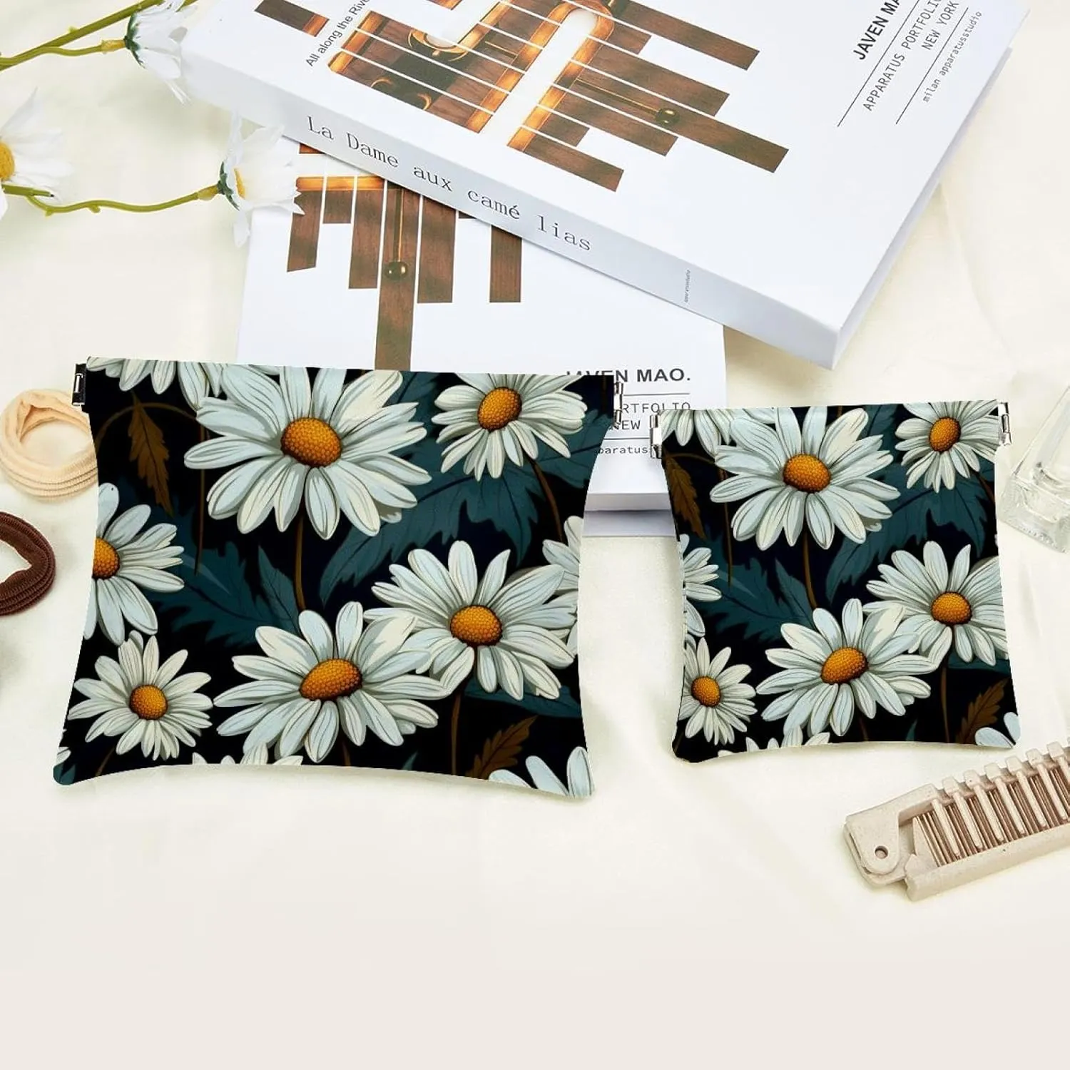 2Pcs Shrapnel Pouch for Purse, White Art Daisy-361 Waterproof Makeup Bag, Portable Pouch for Women Gifts