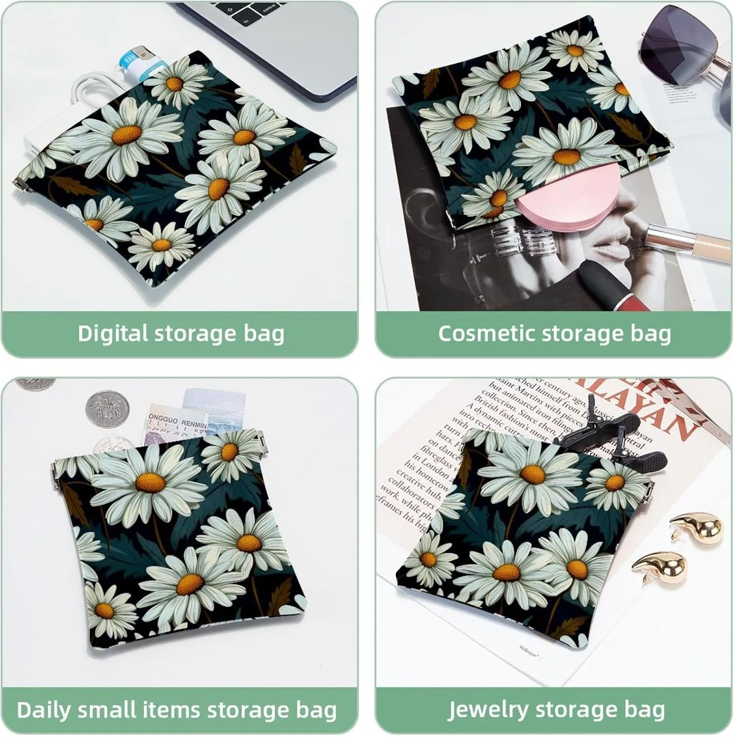 2Pcs Shrapnel Pouch for Purse, White Art Daisy-361 Waterproof Makeup Bag, Portable Pouch for Women Gifts