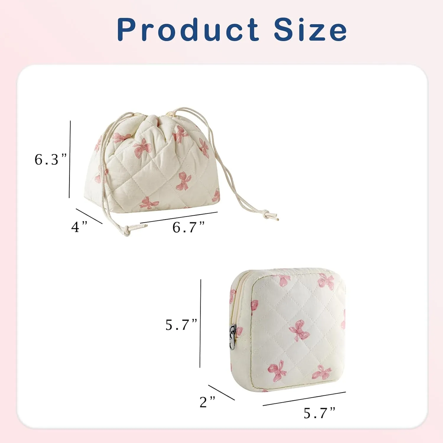 2Pcs Small Cotton Quilted Makeup Bag Set, Cute Coquette Drawstring Cosmetic Bag with Canvas Lining, Aesthetic Travel Organized Toiletry Bags for Purse (04White Pink)
