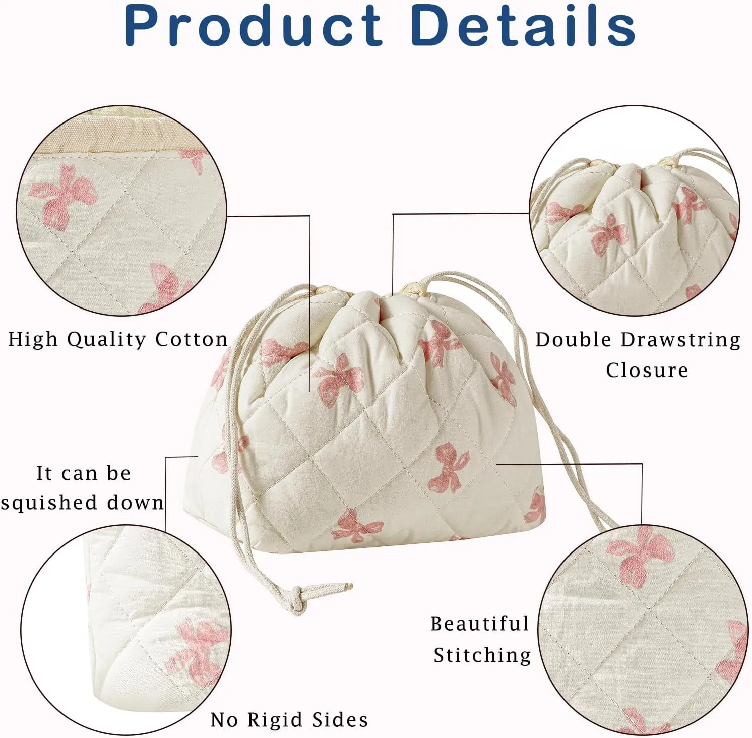 2Pcs Small Cotton Quilted Makeup Bag Set, Cute Coquette Drawstring Cosmetic Bag with Canvas Lining, Aesthetic Travel Organized Toiletry Bags for Purse (04White Pink)