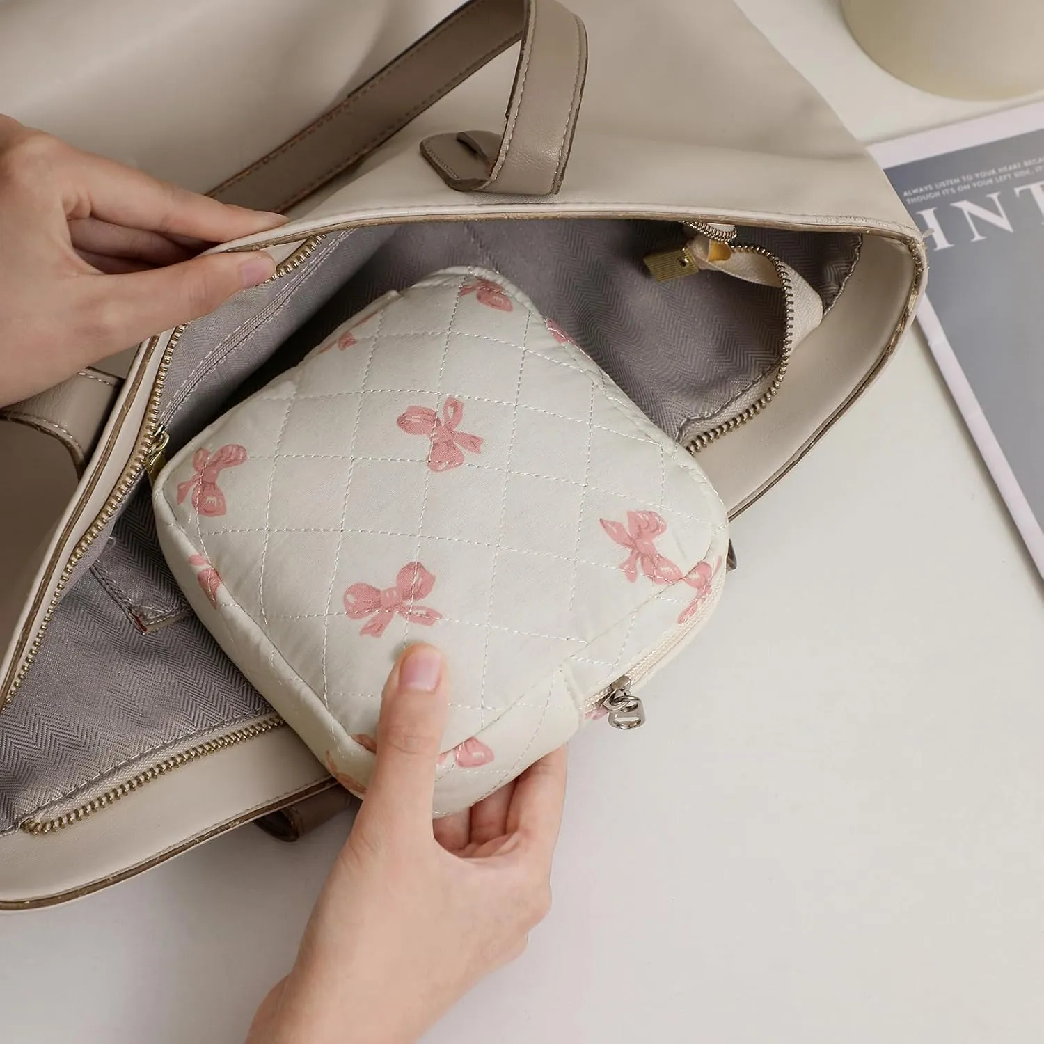 2Pcs Small Cotton Quilted Makeup Bag Set, Cute Coquette Drawstring Cosmetic Bag with Canvas Lining, Aesthetic Travel Organized Toiletry Bags for Purse (04White Pink)