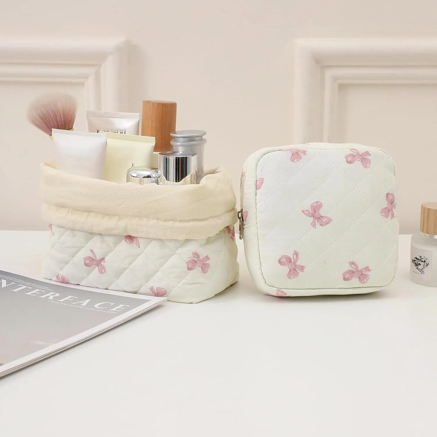 2Pcs Small Cotton Quilted Makeup Bag Set, Cute Coquette Drawstring Cosmetic Bag with Canvas Lining, Aesthetic Travel Organized Toiletry Bags for Purse (04White Pink)