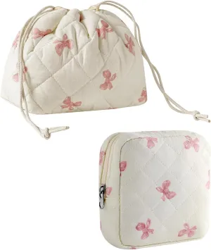 2Pcs Small Cotton Quilted Makeup Bag Set, Cute Coquette Drawstring Cosmetic Bag with Canvas Lining, Aesthetic Travel Organized Toiletry Bags for Purse (04White Pink)