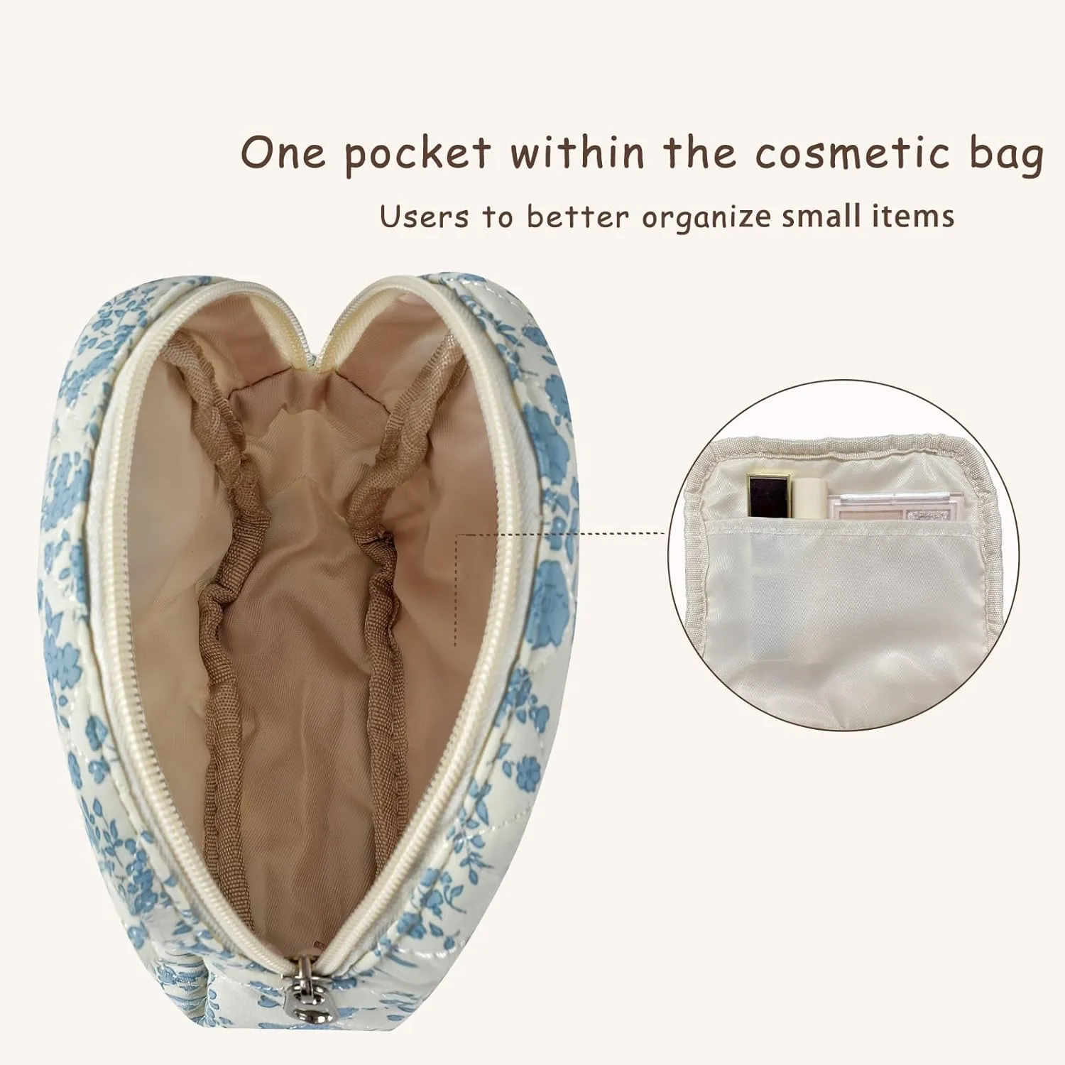 2Pcs Small Cotton Quilted Makeup Bag Set, Cute Coquette Drawstring Cosmetic Bag with Canvas Lining, Aesthetic Travel Organized Toiletry Bags for Purse (04White Pink)