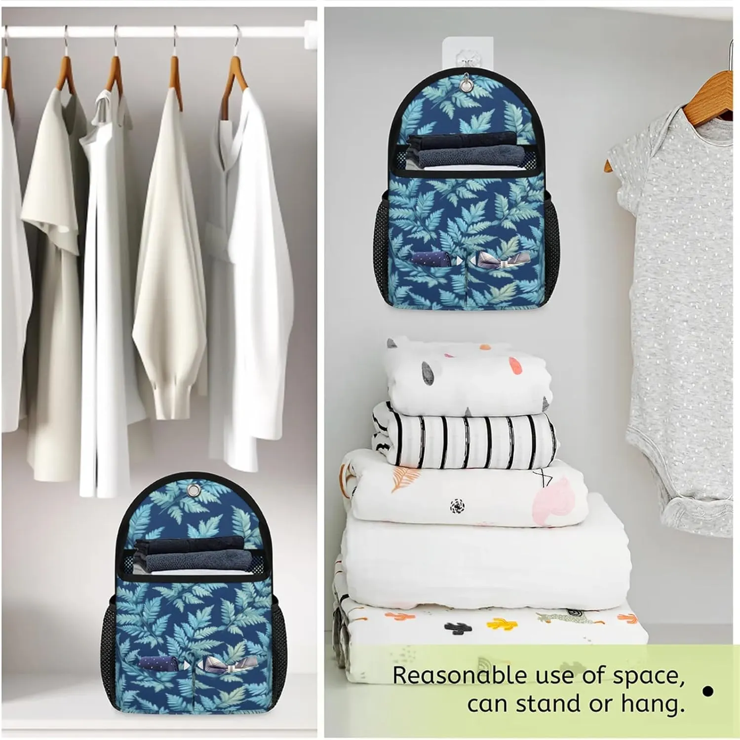 2pcs Wall Hanging Storage Bag Fern Leaves Theme Hanging Baskets for Organizing Wall Organizer with Pockets for Kitchen Bedroom Bathroom Dormitory
