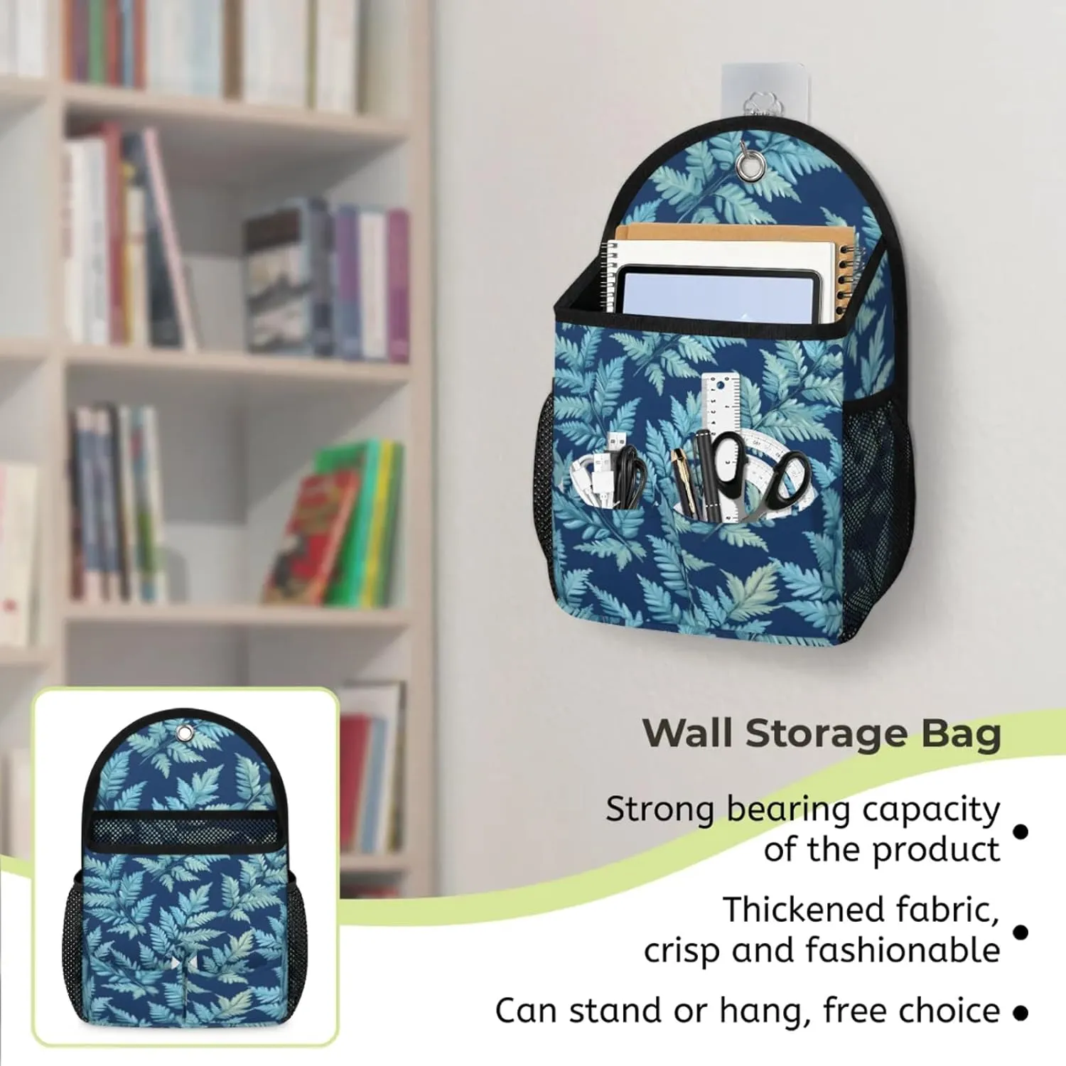 2pcs Wall Hanging Storage Bag Fern Leaves Theme Hanging Baskets for Organizing Wall Organizer with Pockets for Kitchen Bedroom Bathroom Dormitory