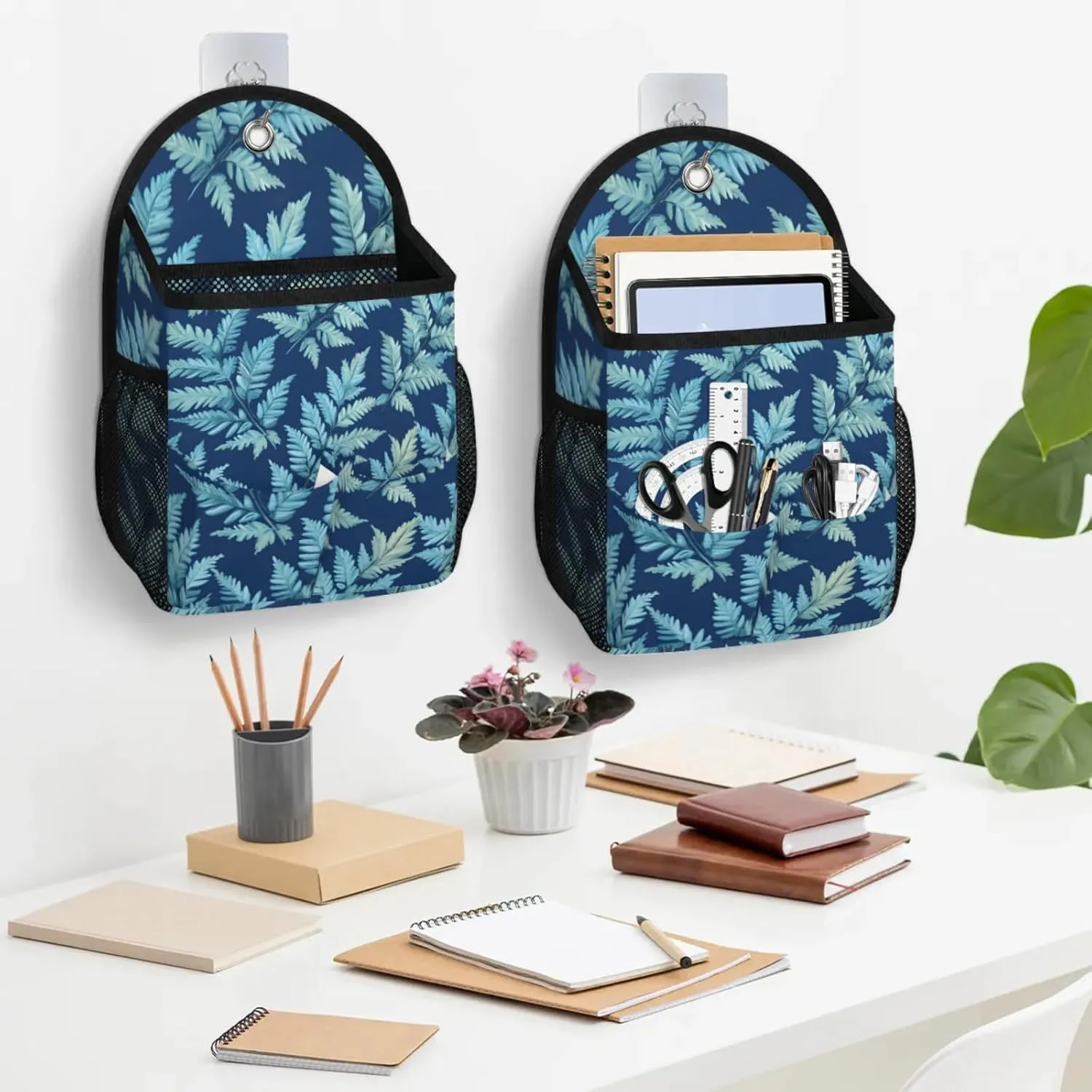 2pcs Wall Hanging Storage Bag Fern Leaves Theme Hanging Baskets for Organizing Wall Organizer with Pockets for Kitchen Bedroom Bathroom Dormitory