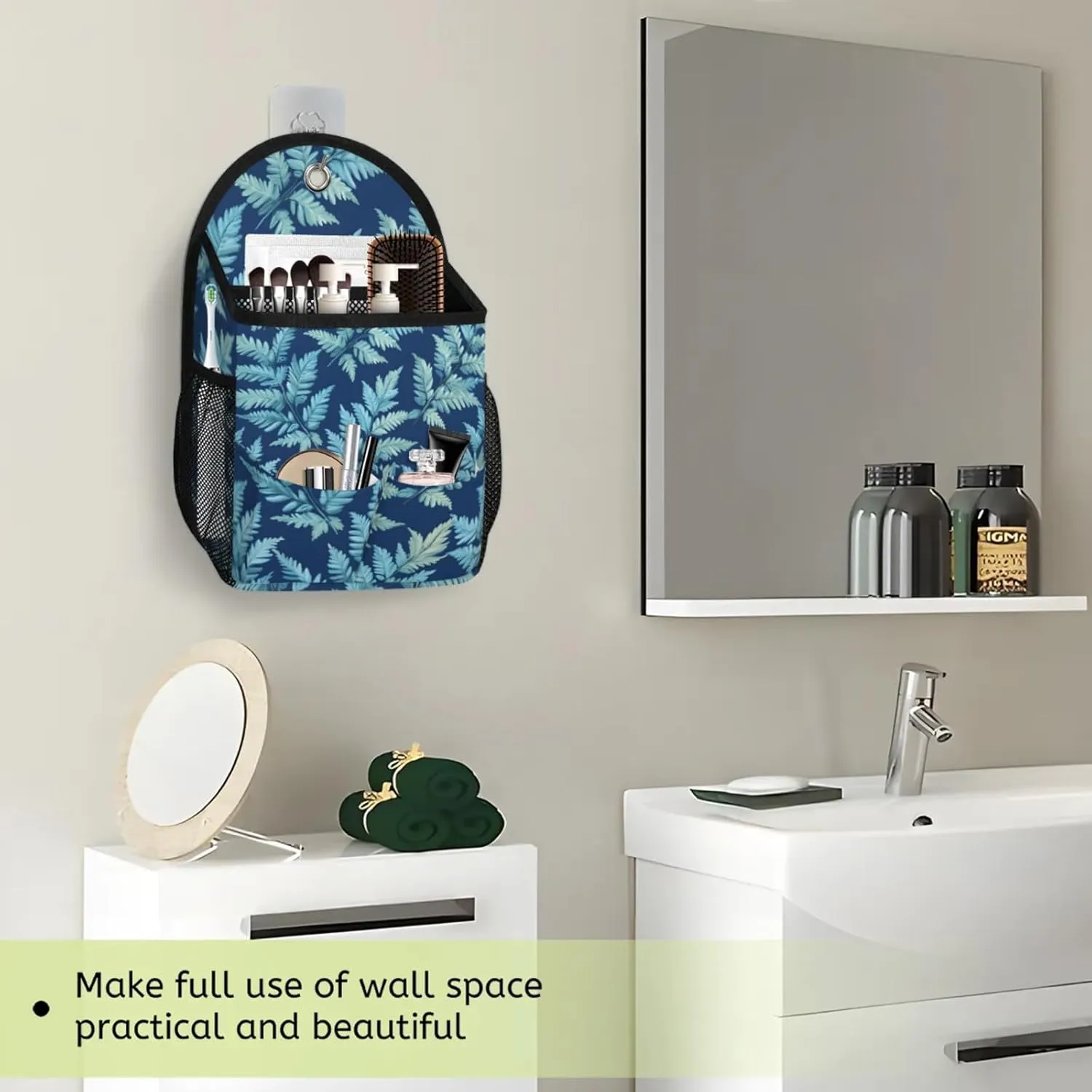 2pcs Wall Hanging Storage Bag Fern Leaves Theme Hanging Baskets for Organizing Wall Organizer with Pockets for Kitchen Bedroom Bathroom Dormitory