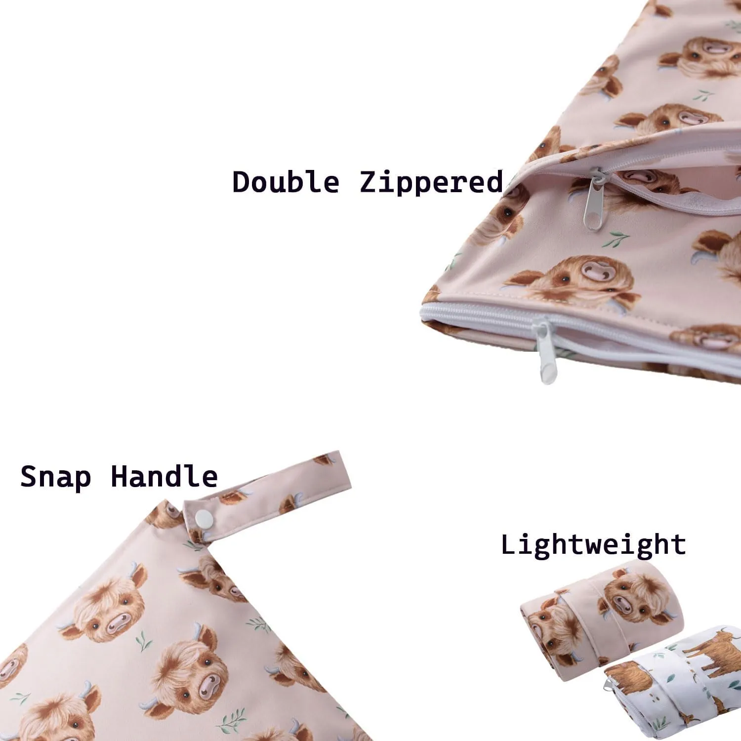 2pcs Waterproof Wet Bag for Baby, Cloth Diapers, Pump Parts with Two Zippered Pockets & Handle, Travel wet dry bag For swimsuit and towels, Beach Pool Daycare， Gym Clothes, Toiletry (Highland Cows 2)