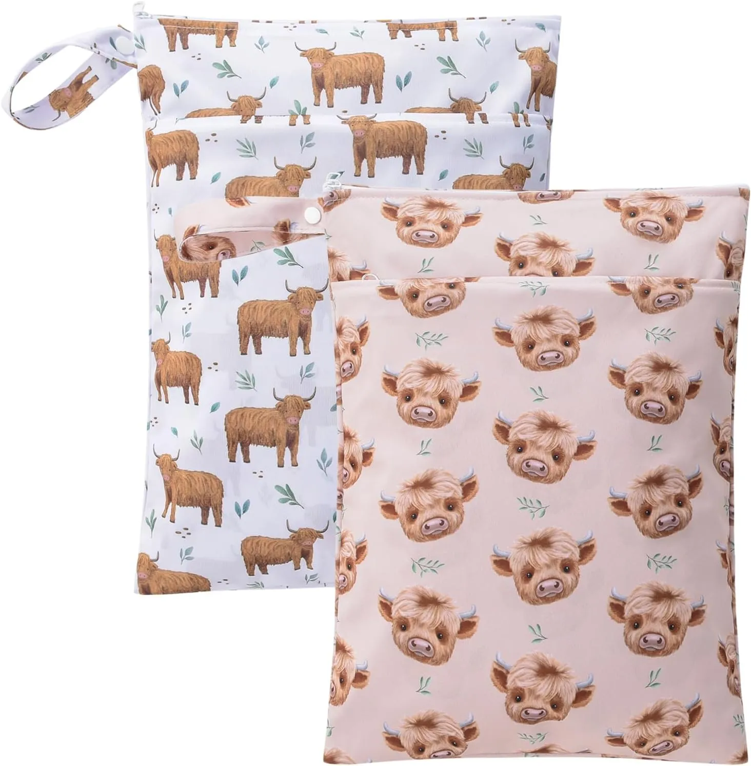 2pcs Waterproof Wet Bag for Baby, Cloth Diapers, Pump Parts with Two Zippered Pockets & Handle, Travel wet dry bag For swimsuit and towels, Beach Pool Daycare， Gym Clothes, Toiletry (Highland Cows 2)